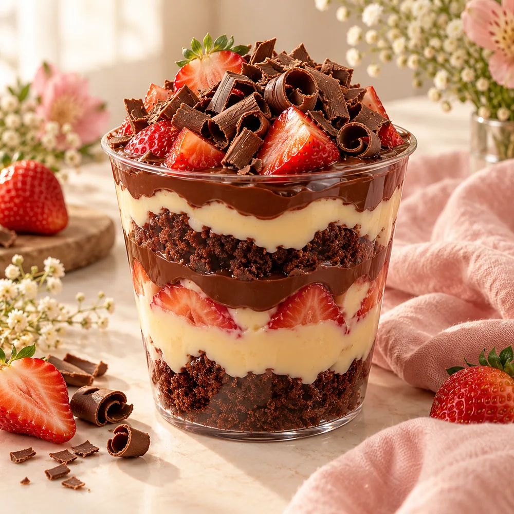 Copo da felicidade com camadas de doce e morango